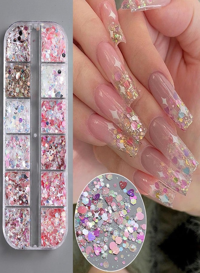 Vopintpy Hexagon Heart Nail Charms: 12 Grids Multi Color Holographic Mermaid Sequins Design Art Stickers for Women's Manicure Decoration - Image 2